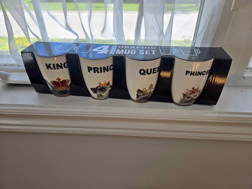 Graphic 4 Piece Mug Set New Bone China King Prince Queen Princes