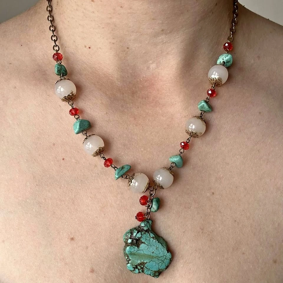 Vintage Boho Turquoise Slab Pendant Necklace