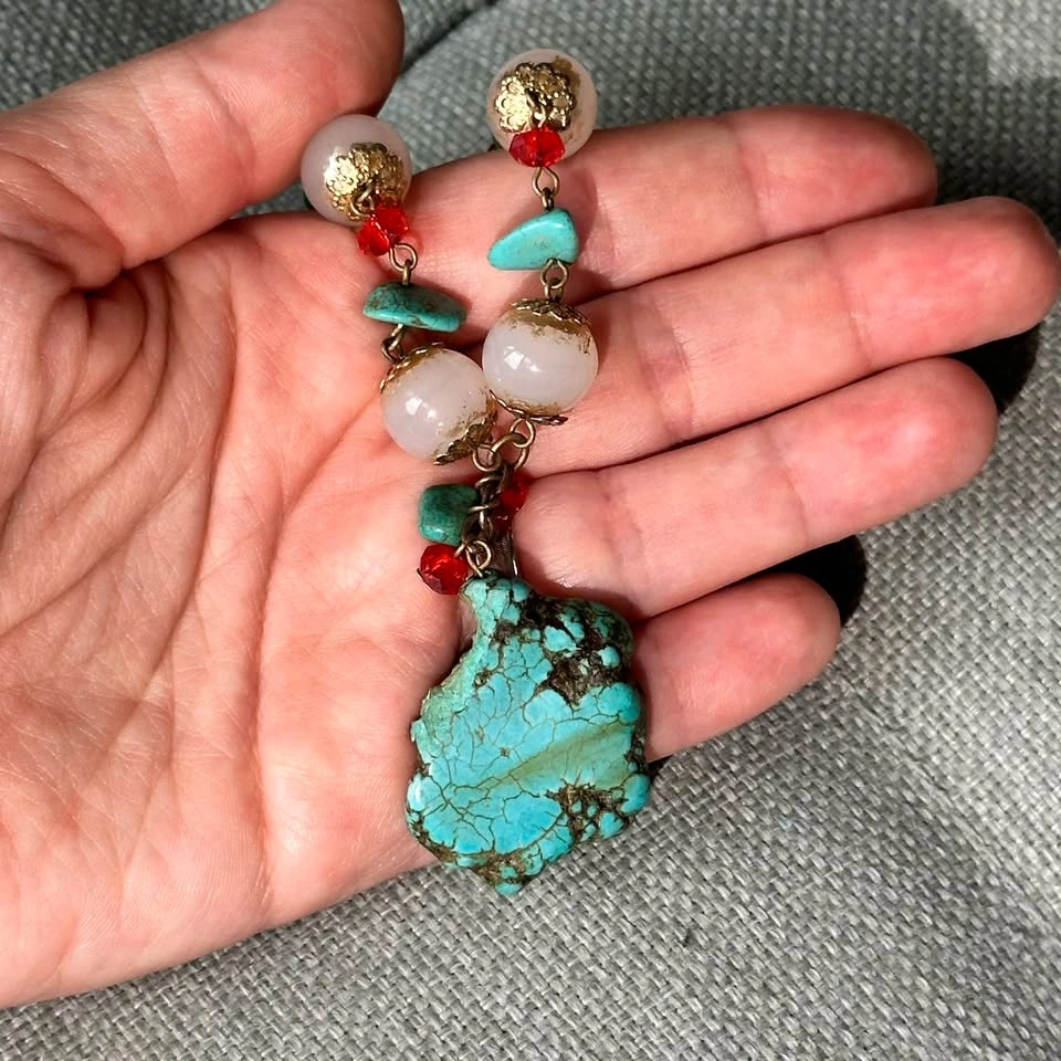 Vintage Boho Turquoise Slab Pendant Necklace - photo 3