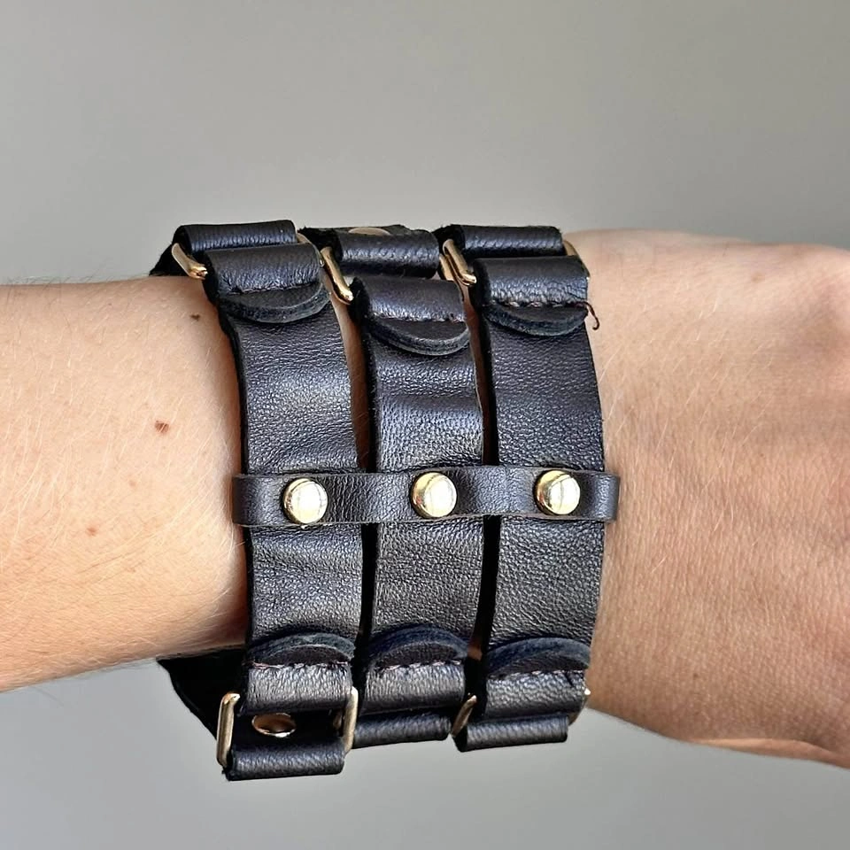 Wide Black Leather Cuff Bracelet – Triple Strap with Gold-Tone B