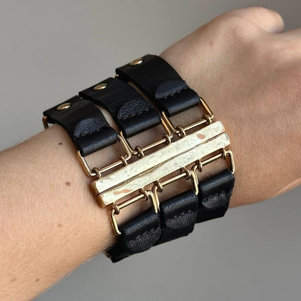 Wide Black Leather Cuff Bracelet – Triple Strap with Gold-Tone B - photo 2