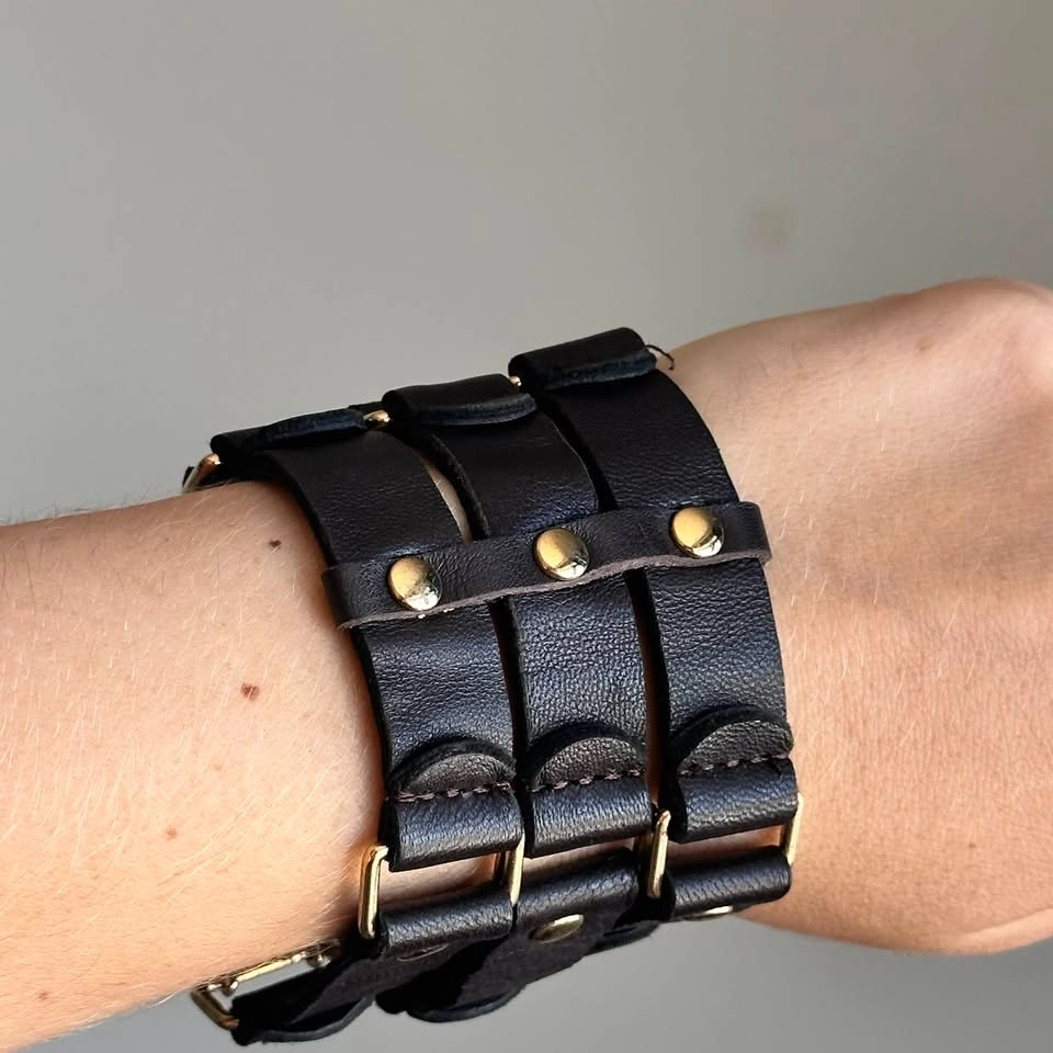 Wide Black Leather Cuff Bracelet – Triple Strap with Gold-Tone B - photo 3