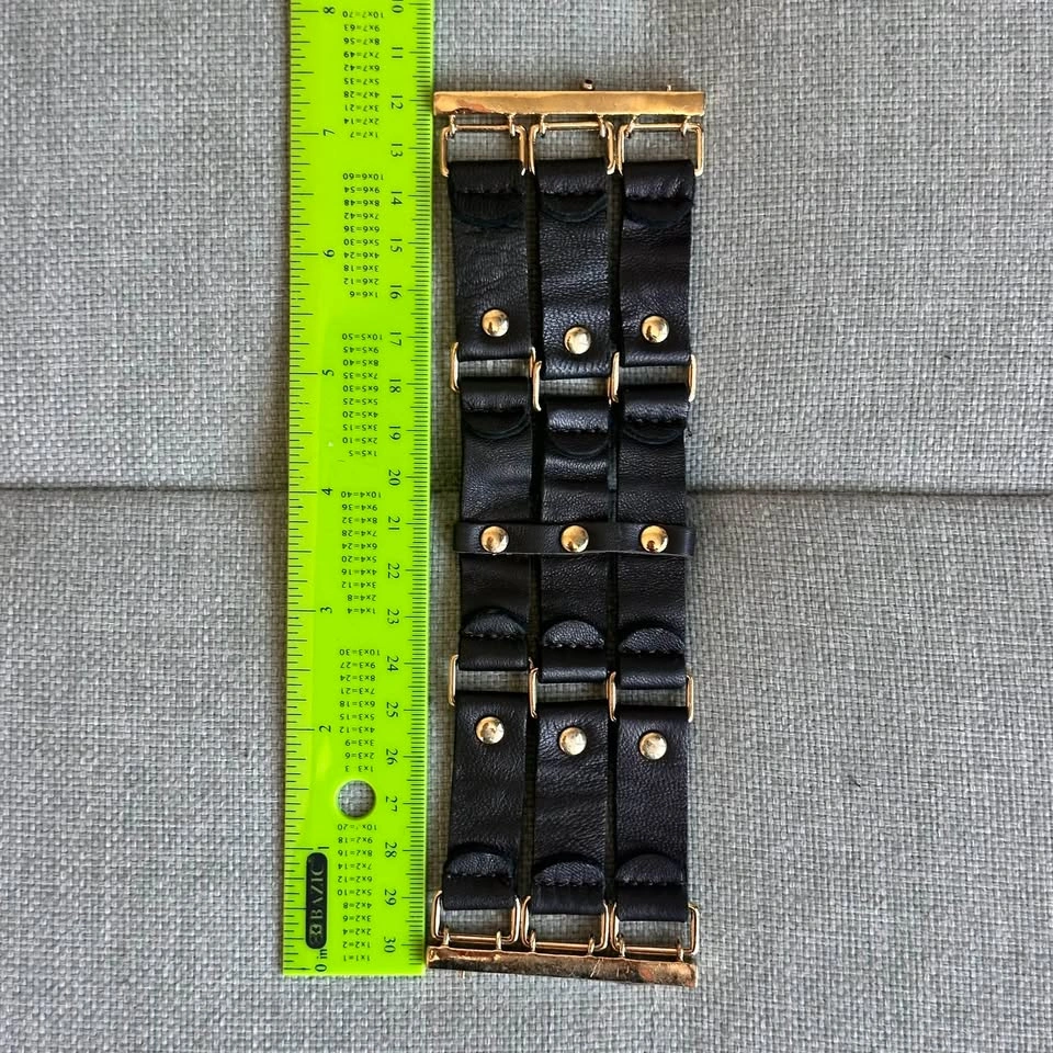 Wide Black Leather Cuff Bracelet – Triple Strap with Gold-Tone B - photo 4