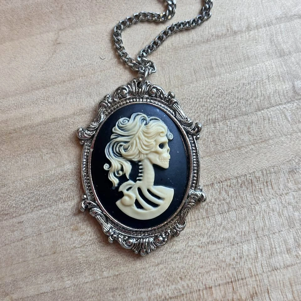 Gothic Skeleton Lady Cameo Necklace Perfect for Halloween!