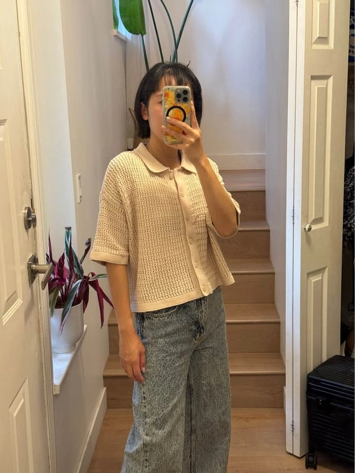 DR2 Beige Crochet Knit Short Sleeve Polo Cardigan Size S - photo 2