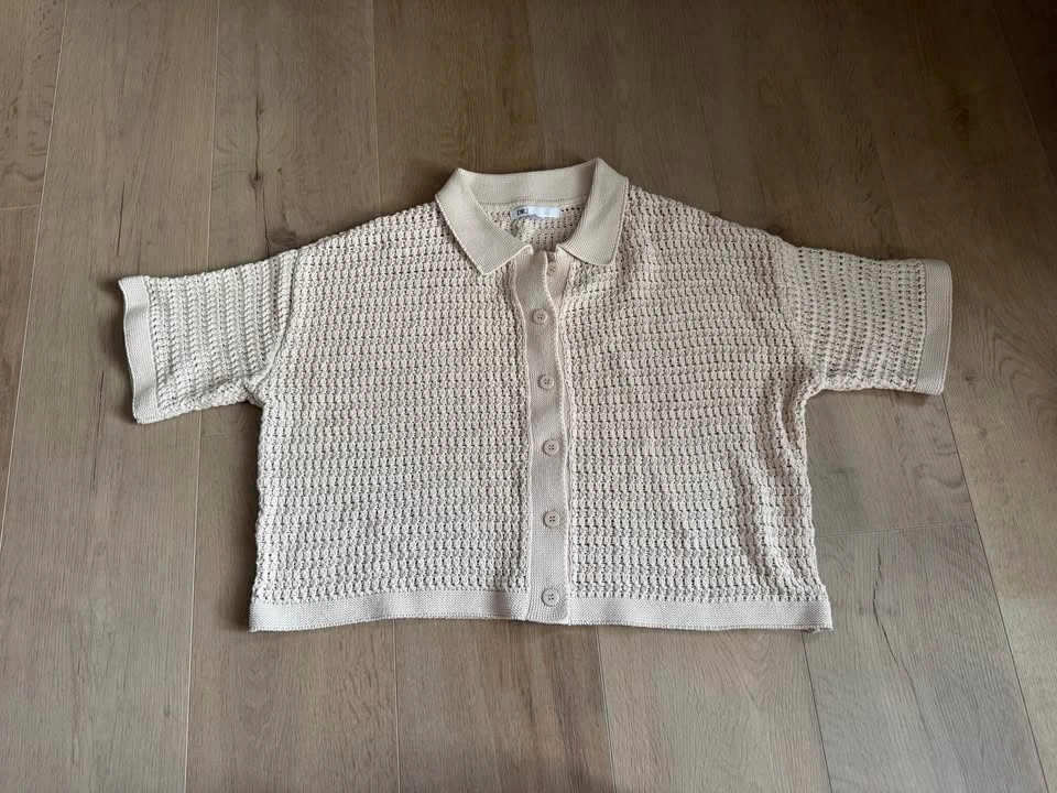 DR2 Beige Crochet Knit Short Sleeve Polo Cardigan Size S - photo 3