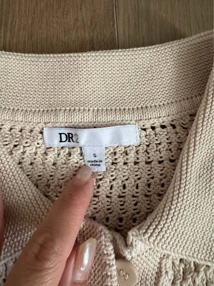 DR2 Beige Crochet Knit Short Sleeve Polo Cardigan Size S - photo 4