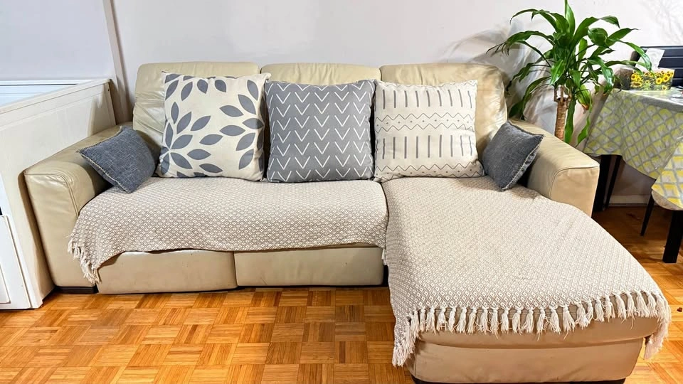 Cream Leather Reclining Sectional Sofa with Chaise