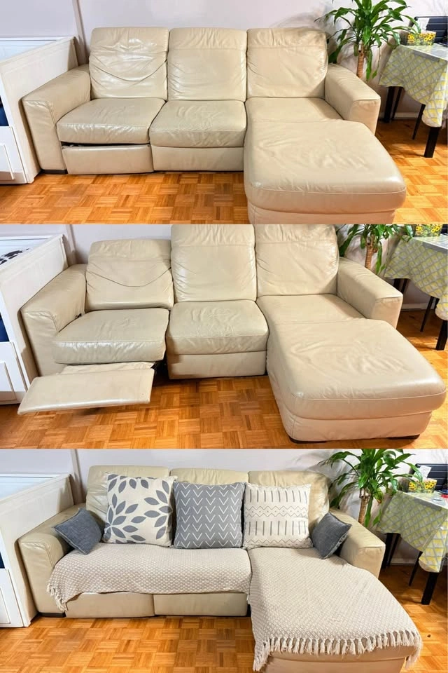 Cream Leather Reclining Sectional Sofa with Chaise - photo 2