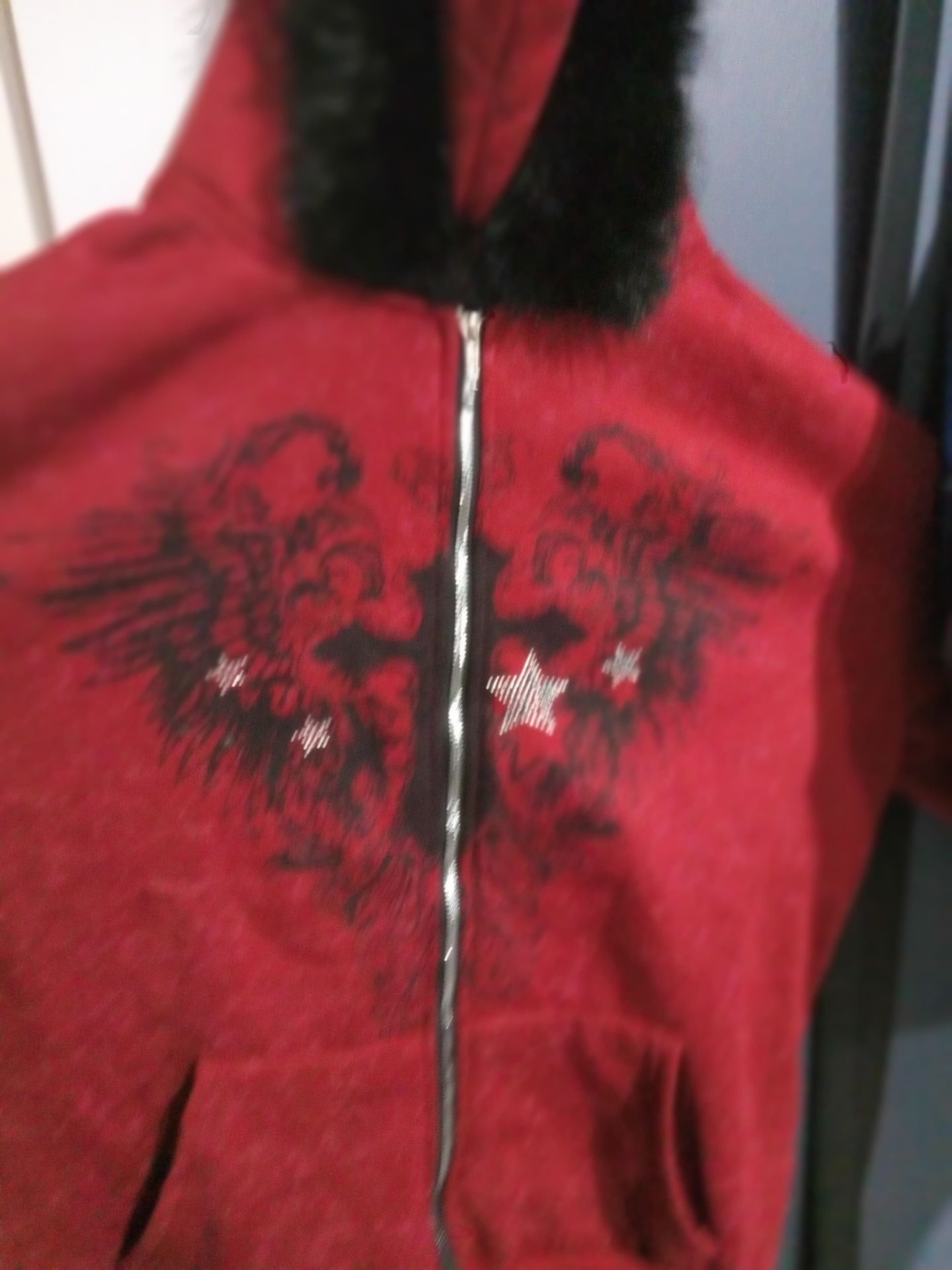 Red Cross Embellished fur hoodie - photo 2