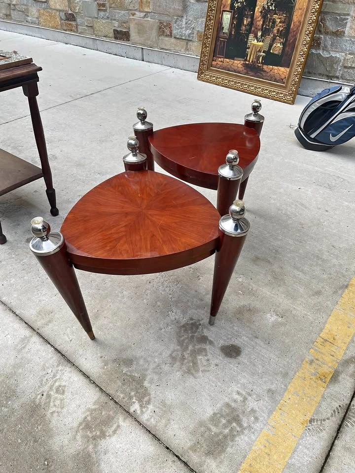 Mid-Century Modern style Triangular Wood and Chrome Side Tables