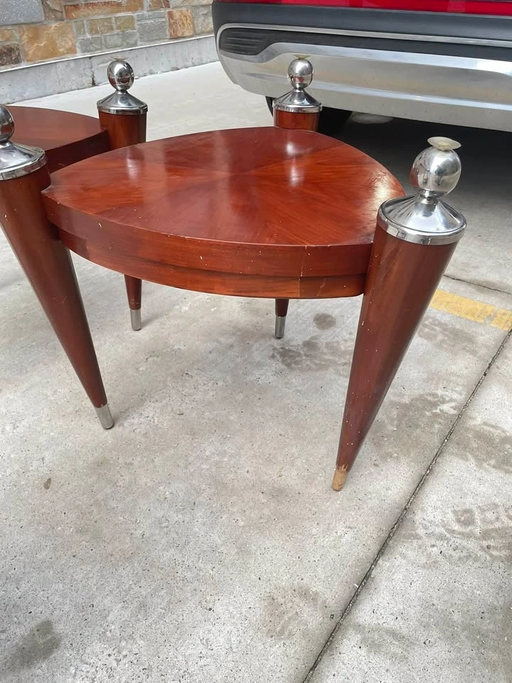 Mid-Century Modern style Triangular Wood and Chrome Side Tables - photo 5