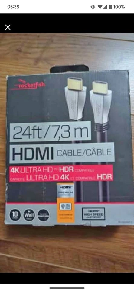 Rocketfish HDMI cable 24ft/7,3m 4k HD/HDR