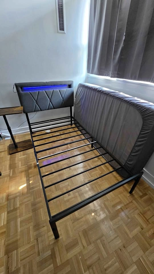 Twin Metal Bed Frame with LED Headboard and Power Outlets
