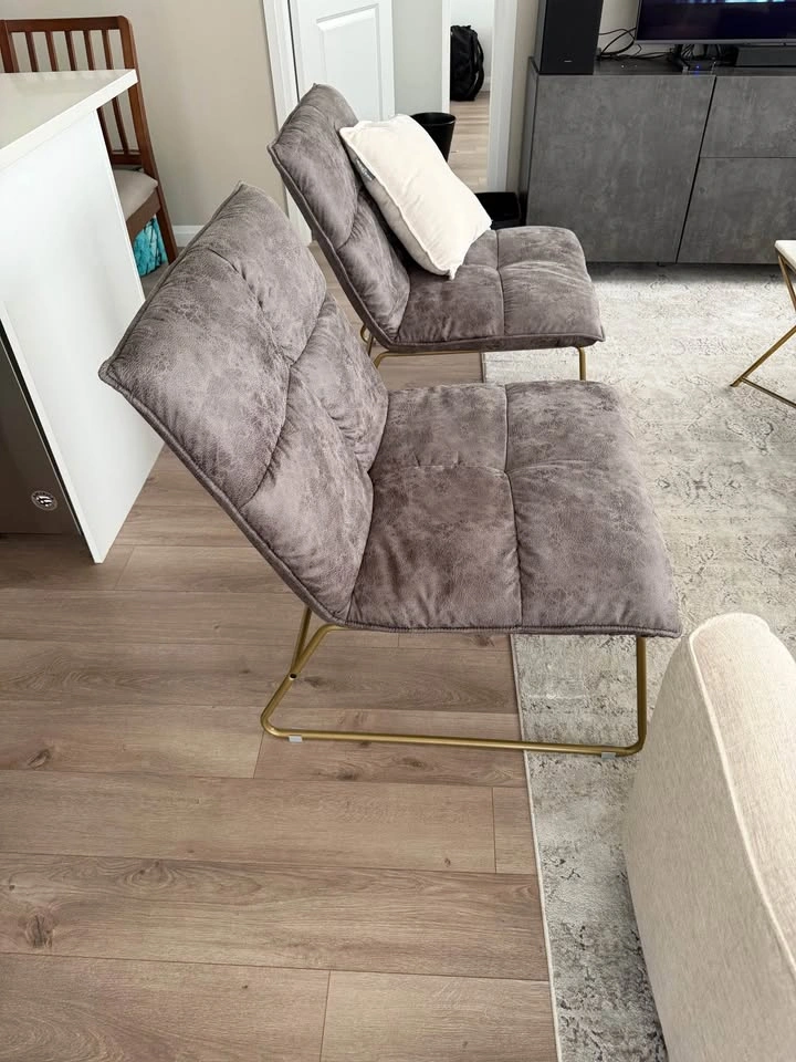 Pair of Distressed Faux Leather Accent Chairs - Gold Base - photo 2