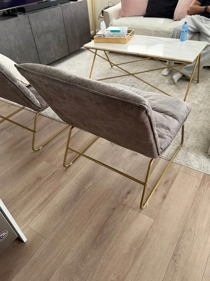 Pair of Distressed Faux Leather Accent Chairs - Gold Base - photo 3