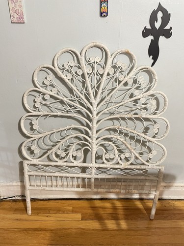 White Rattan Peacock Fan Style Headboard with Legs