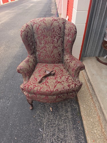 Vintage Red/Beige Damask Wingback Accent Chair