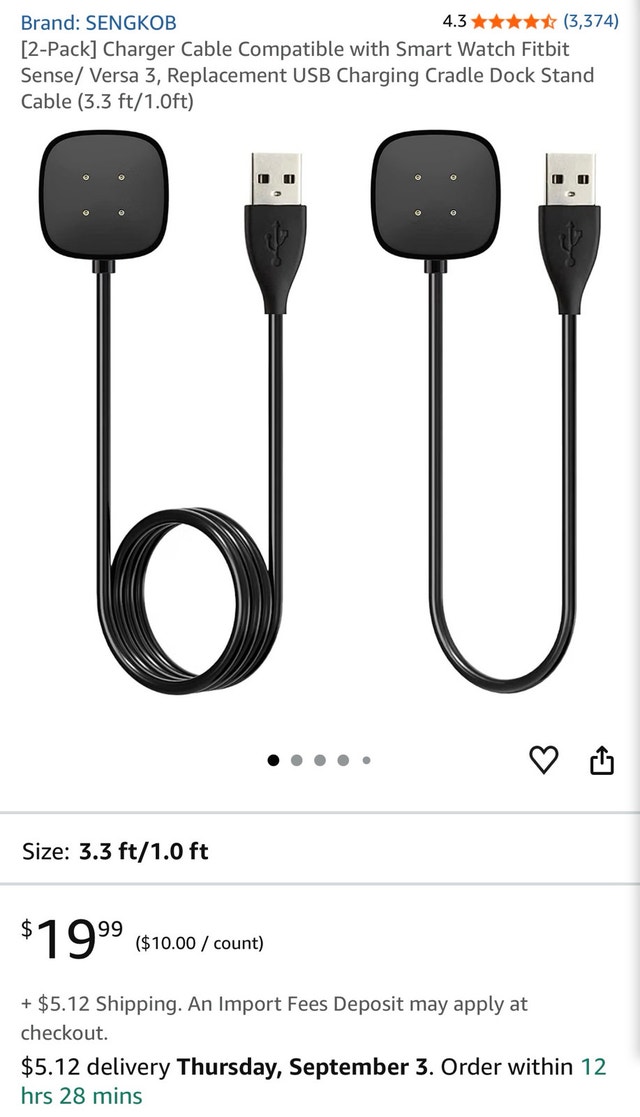 SENGKOB Charger Cable for Fitbit Sense and Versa 3