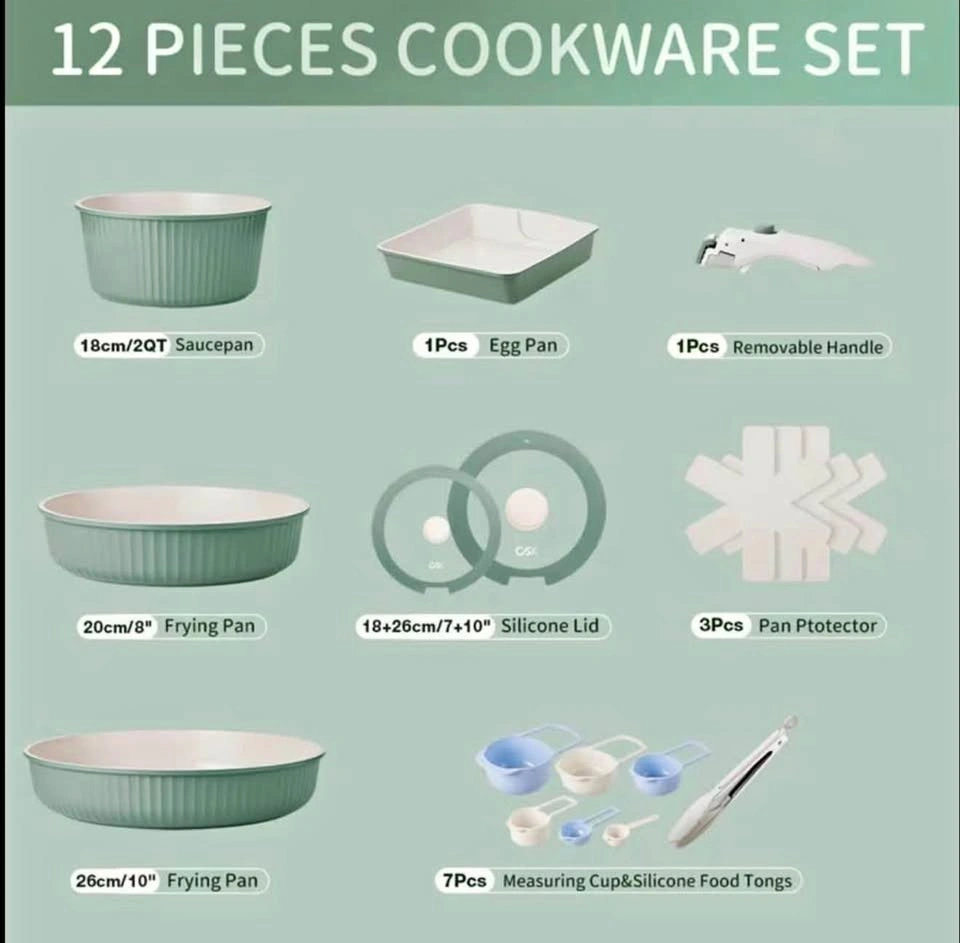 12-Piece Nonstick Cookware Set with Detachable Handles