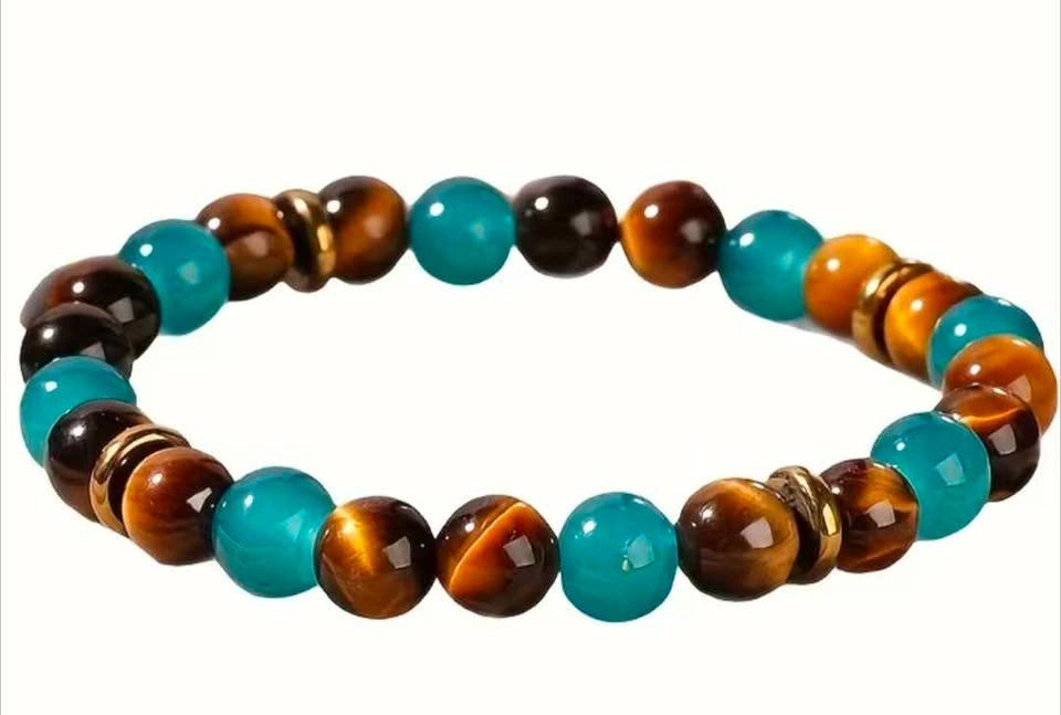 Tiger's Eye and Blue Agate Beaded Stretch Bracelet - photo 2