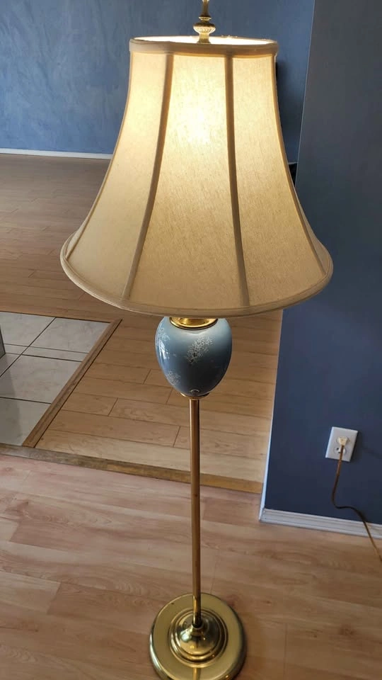Vintage Ceramic & Brass Floor Lamp with Fabric Shade