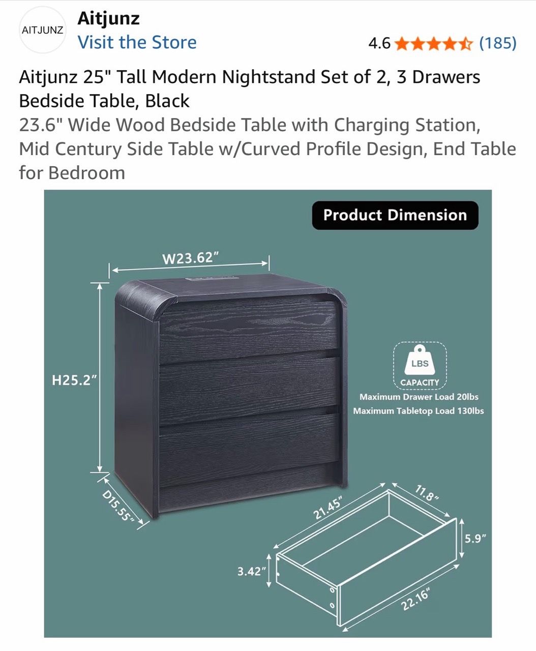 Aitjunz 25" Tall Modern Nightstand - set of 2 - photo 3