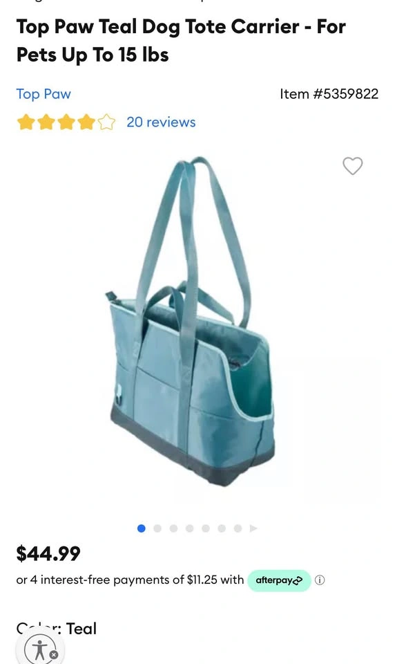 Top Paw Teal Dog Tote Carrier - For Pets Up To 15 lbs - photo 2