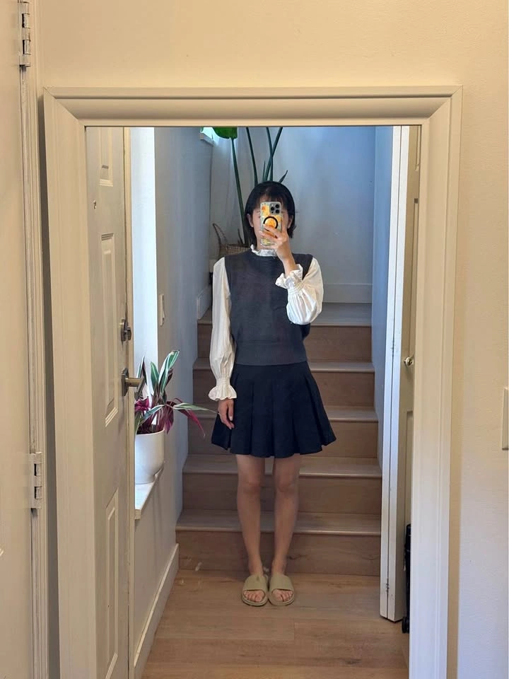 Grey Sweater Vest and Black Pleated Skirt Set