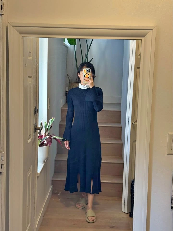 Sandro Navy Ribbed Maxi Dress with Long Sleeves