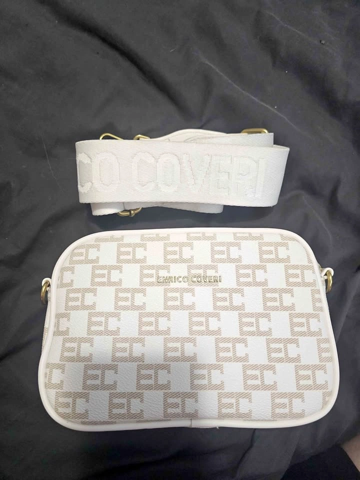 Enrico Coveri EC Monogram Crossbody Bag – White/Cream & Gold