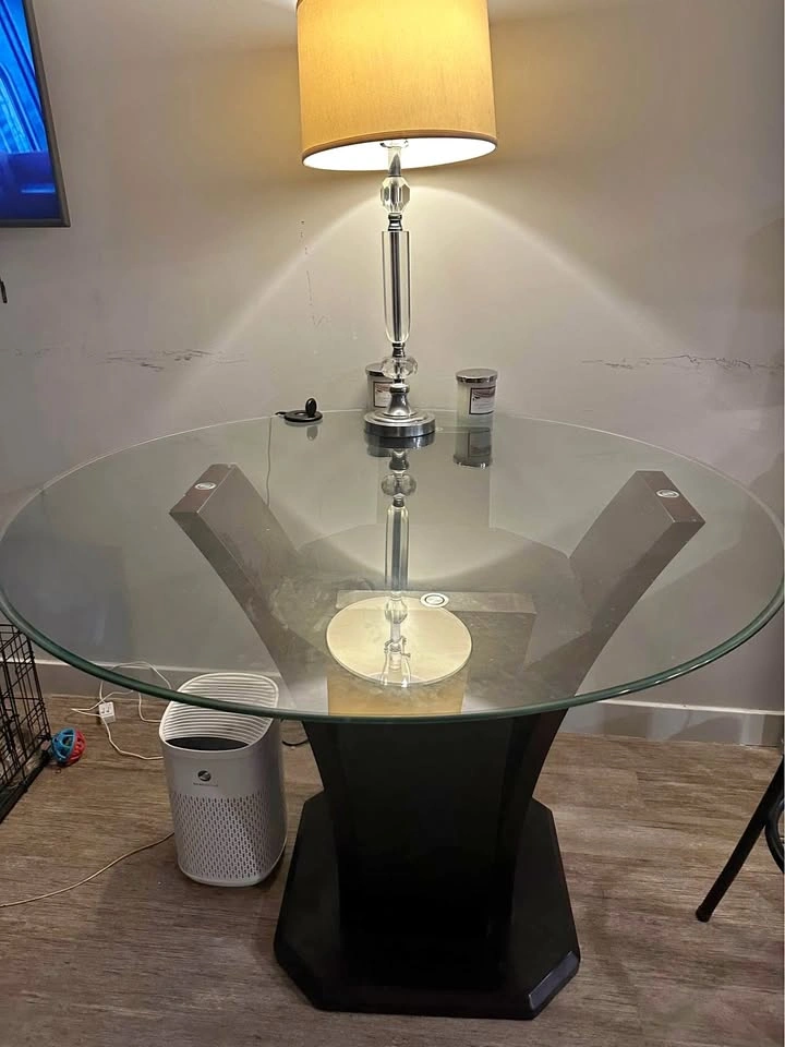 Round Glass Top Dining Table with Dark Wood Pedestal Base