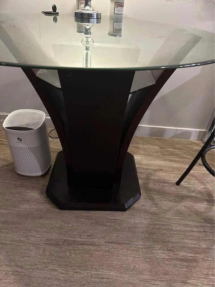 Round Glass Top Dining Table with Dark Wood Pedestal Base - photo 2