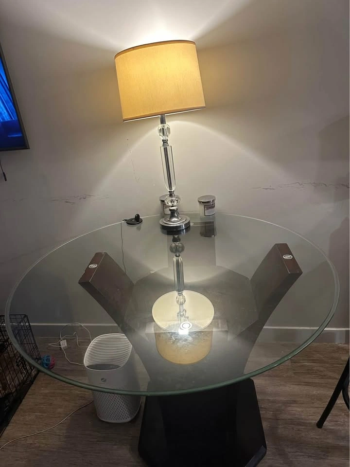Round Glass Top Dining Table with Dark Wood Pedestal Base - photo 3
