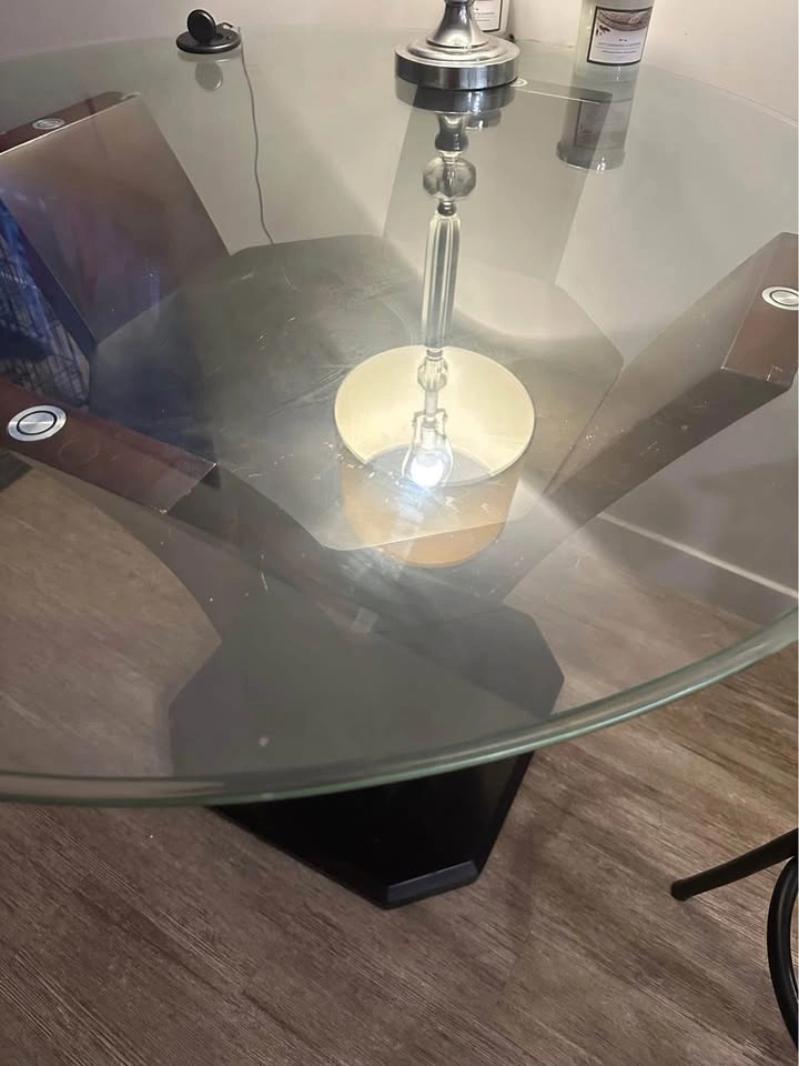 Round Glass Top Dining Table with Dark Wood Pedestal Base - photo 4