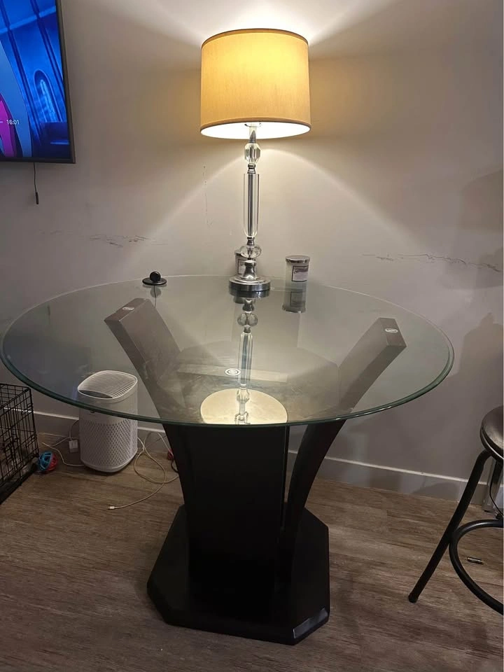 Round Glass Top Dining Table with Dark Wood Pedestal Base - photo 5