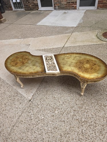 Vintage Kidney Shape Coffee Table, Ornate Gold Details