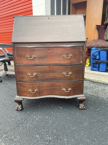 Antique Brown Wood Drop Front Secretary Desk, 3 Drawers