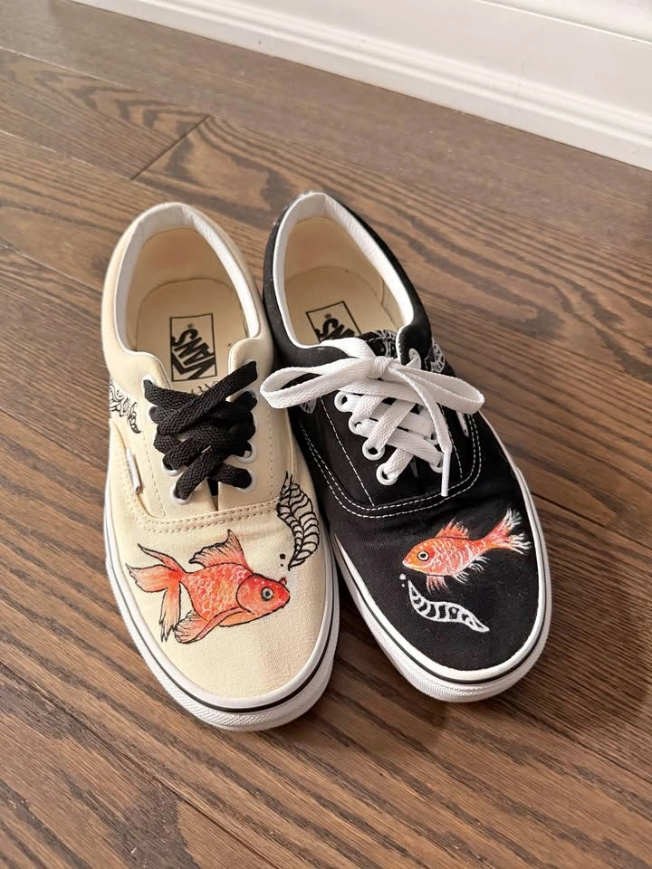 Vans Authentic Shoes (Black & White, Custom Goldfish Pattern)