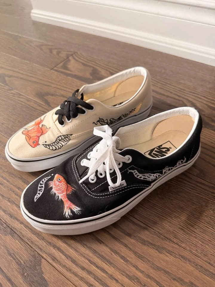Vans Authentic Shoes (Black & White, Custom Goldfish Pattern) - photo 2