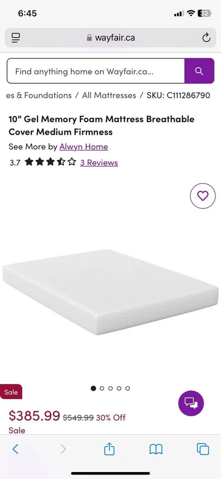 Wayfair Queen Memory Foam Mattress