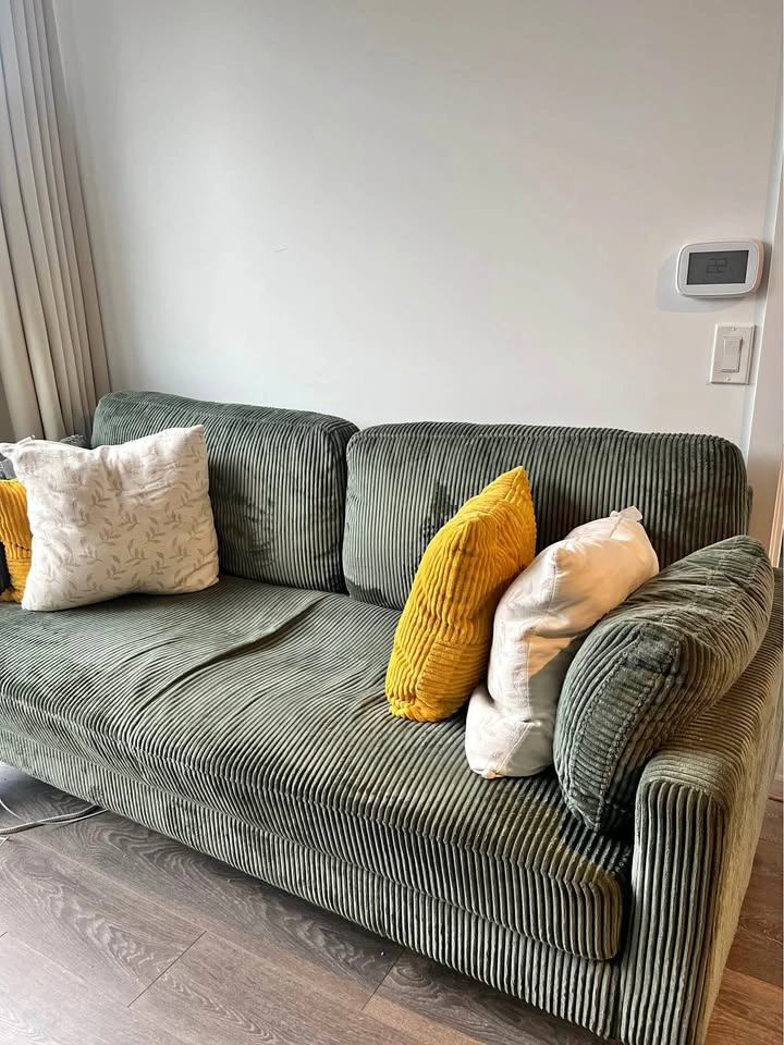 Square arm sofa 77.5”, 3-seater, olive green, suede