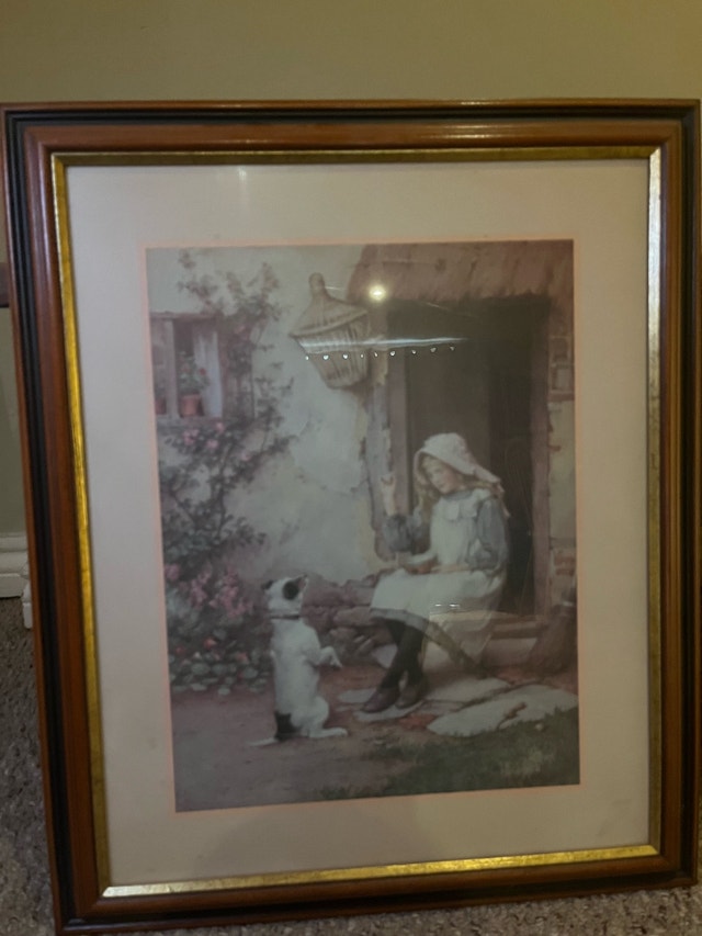 Vintage Framed Country Scene - Girl & Dog