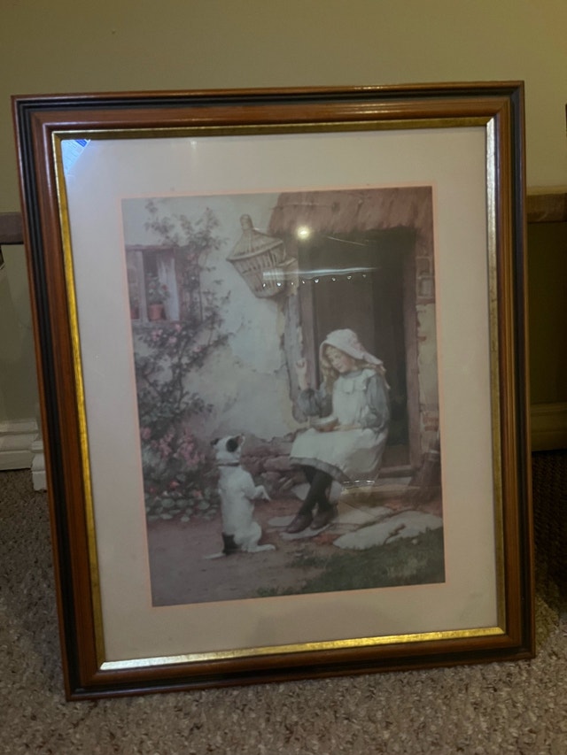 Vintage Framed Country Scene - Girl & Dog - photo 2