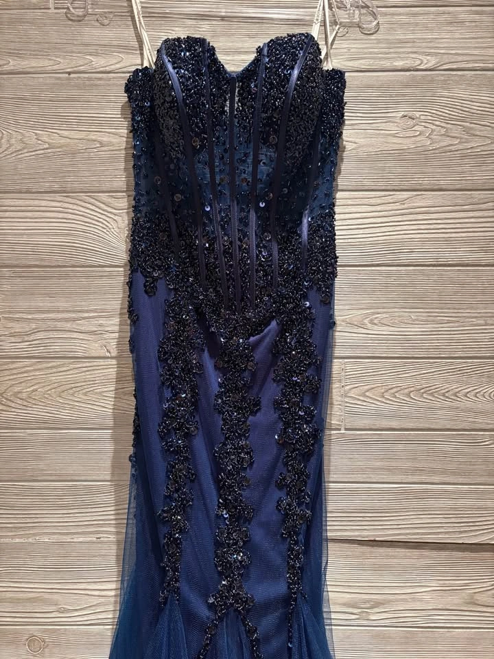 Jovani Navy Blue Beaded Mermaid Gown Size 4 - photo 2