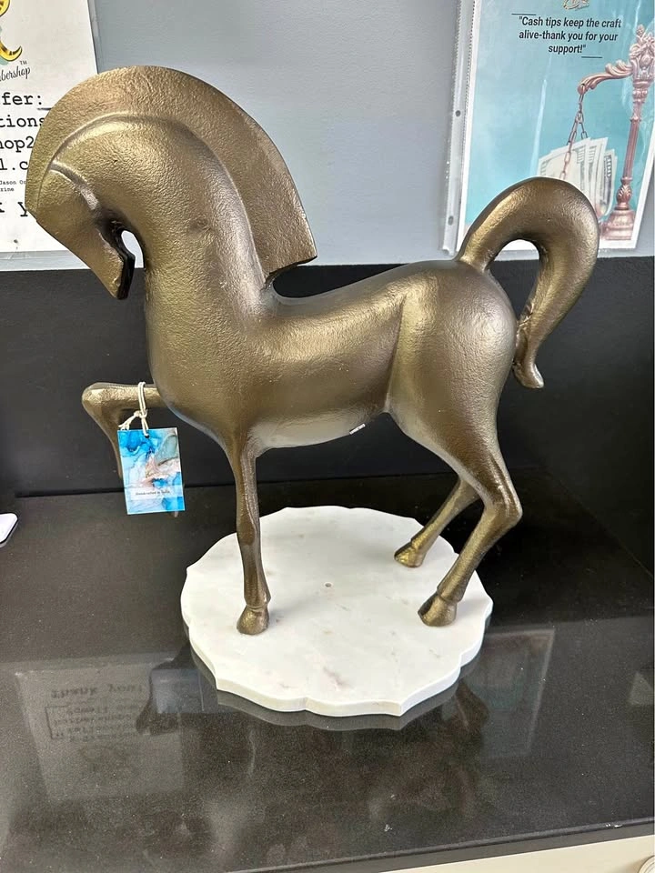 Handcrafted Metal Horse Statue on Marble Base