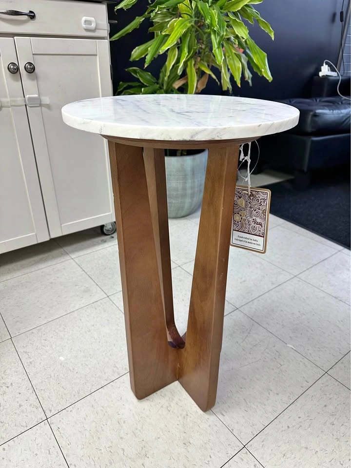 Marble Top Wood Pedestal Side Table