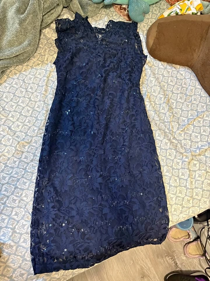 Navy Blue Lace Sequin High Neck Dress