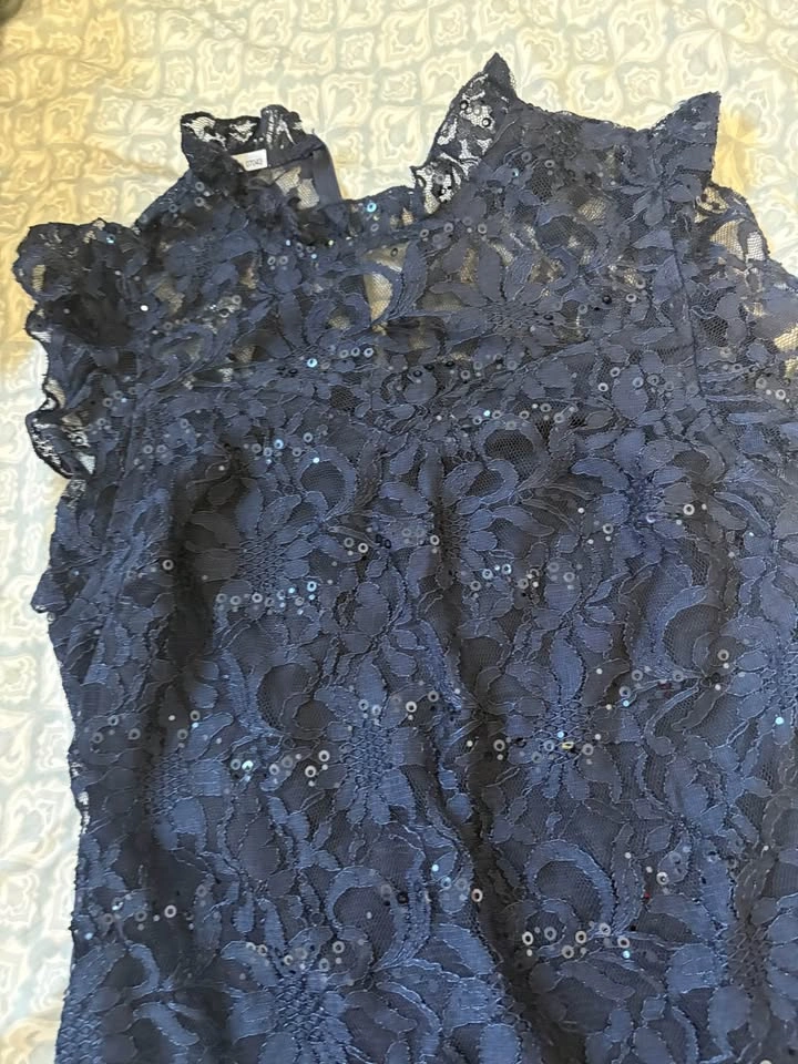 Navy Blue Lace Sequin High Neck Dress - photo 2