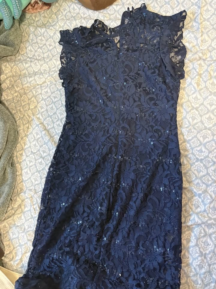 Navy Blue Lace Sequin High Neck Dress - photo 3